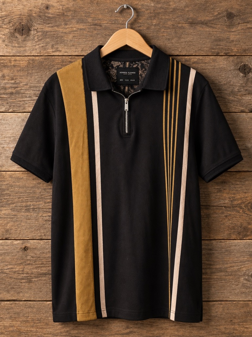 Denim & Flower Black Polo with Mustard and Cream Vertical Stripes